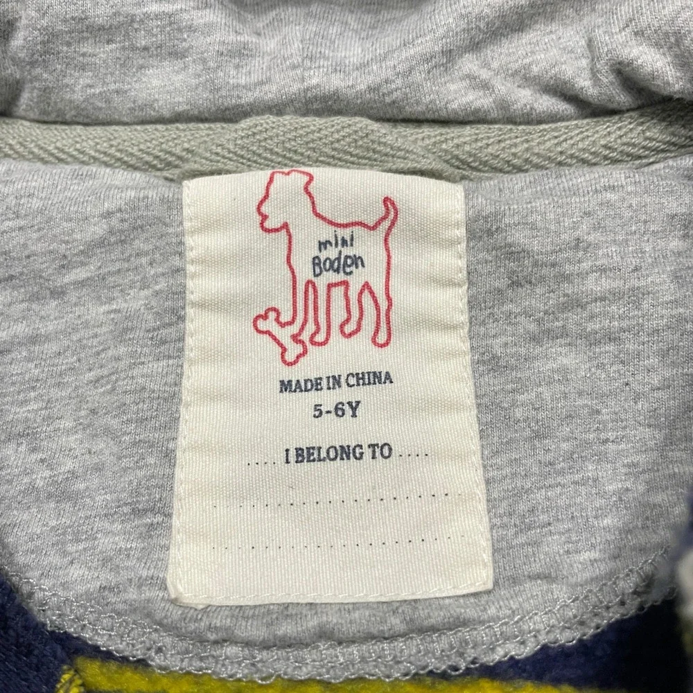 Mini Boden Boys Hoodie Sweatshirt Pullover 5-6Y Striped Fleece Lined Navy Yellow